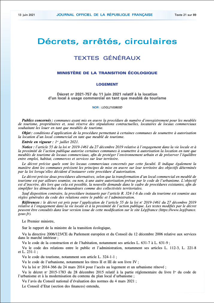 Parution au JORF du 13/06/2021 du Décret n°2021-757 du 11 juin 2021 relatif à la location d’un local à usage commercial en tant que meublé de tourisme